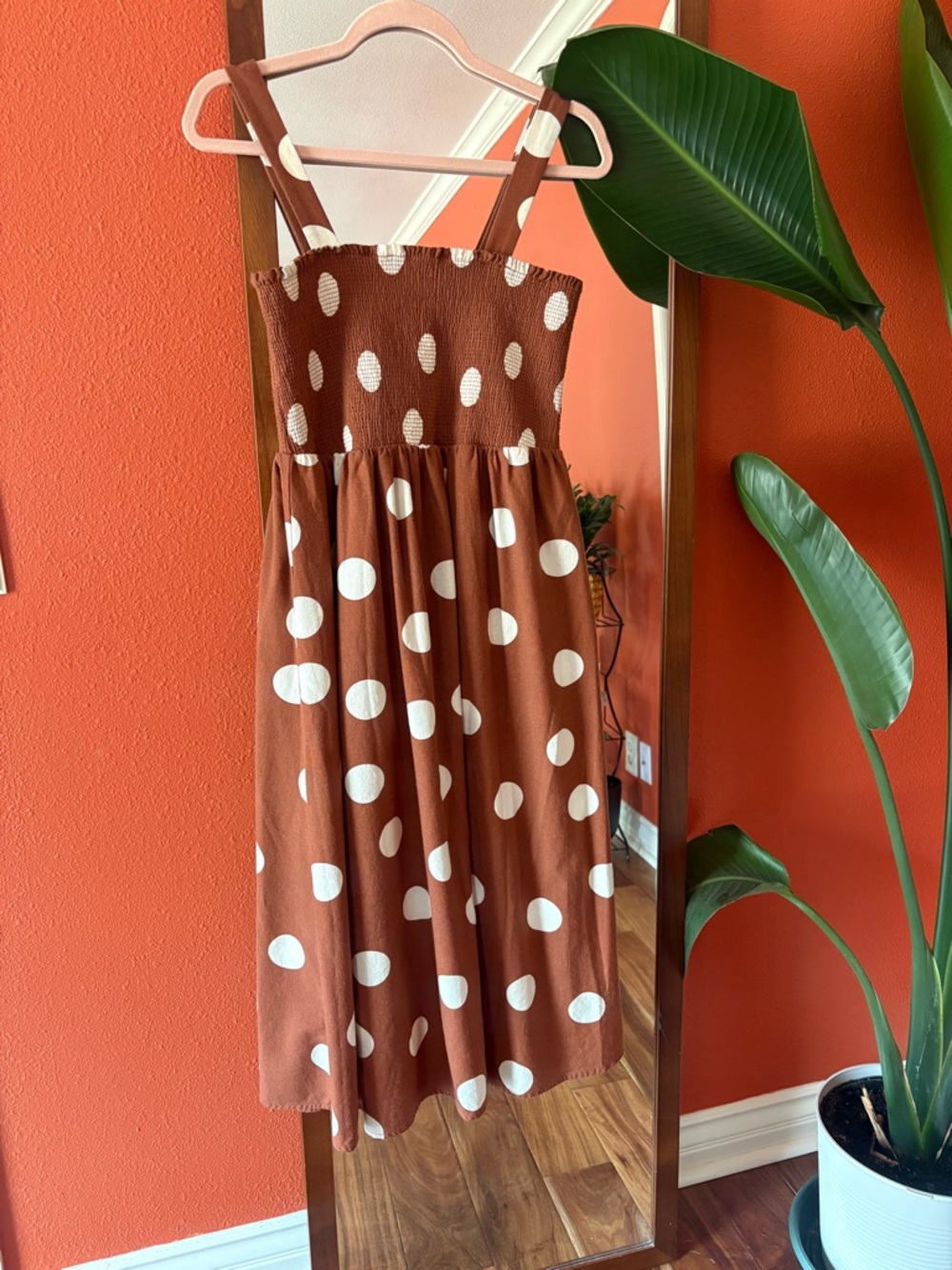 Blu Pepper Rust Brown Midi Dress with White Polka Dots Linen